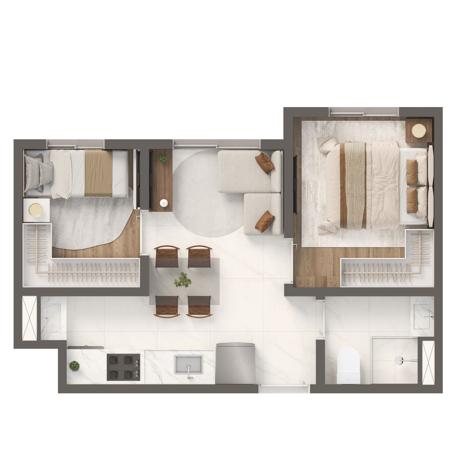 Planta oficial SMART — 2 quartos, 30 m², sem varanda.