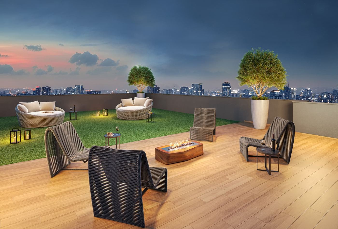 Perspectiva ilustrada do lounge rooftop com vista da cidade e lareira.